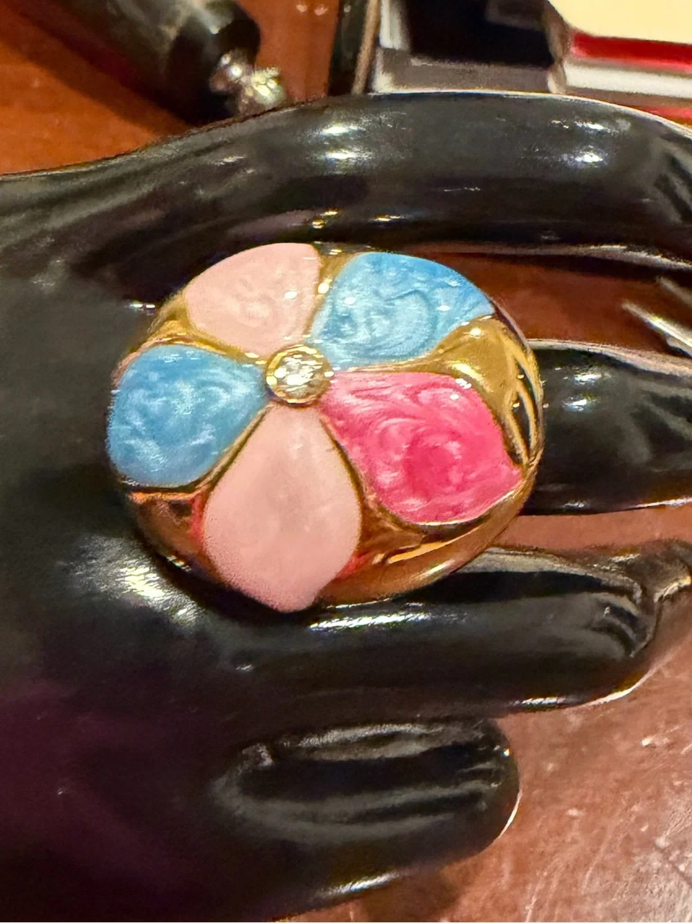 Talidara Designer Gold-Tone Floral Enamel Statement Ring in Blue, Pink and Red